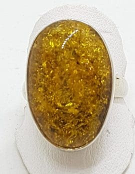 Sterling Silver Large Green Amber Ring - Oval