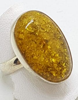 Sterling Silver Large Green Amber Ring - Oval