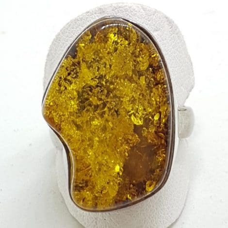 Sterling Silver Large Green Amber Ring - Free Form Shape