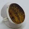 Sterling Silver Large Green Amber Ring - Flat