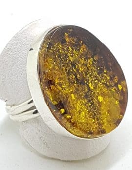 Sterling Silver Large Green Amber Ring - Flat