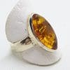 Sterling Silver Amber Ring - Marquis Shape