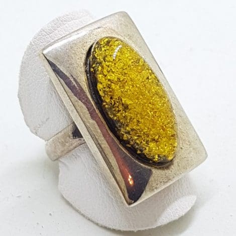 Sterling Silver Oval Green Amber Rectangular Ring