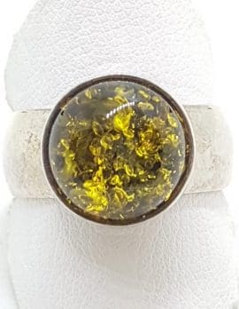 Sterling Silver Round Green Amber Ring