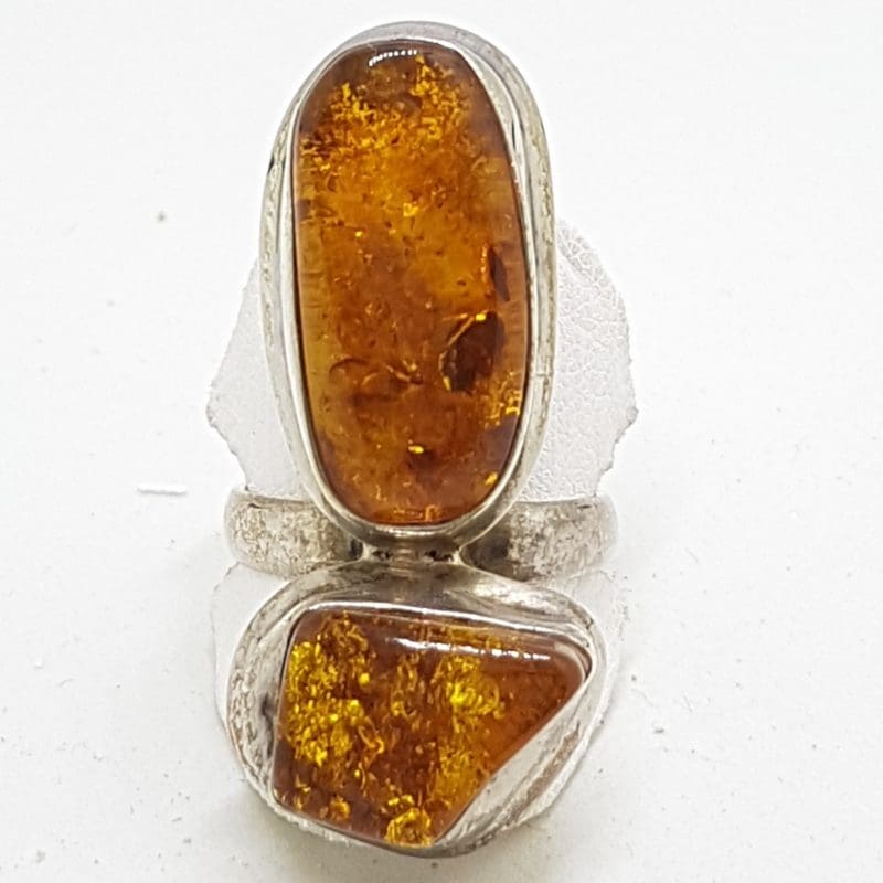 Sterling Silver Long Natural Amber Ring