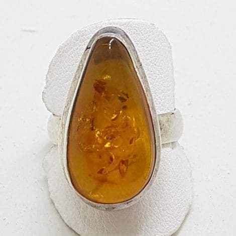 Sterling Silver Teardrop Shape Natural Amber Ring