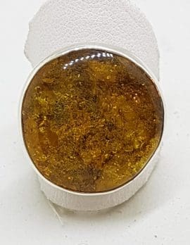 Sterling Silver Round Natural Amber Ring - Wide Band