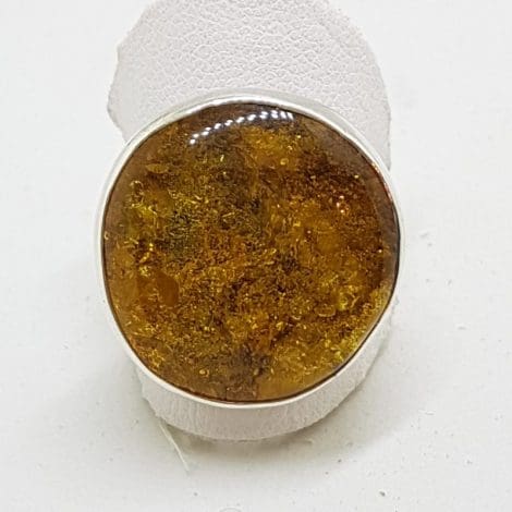 Sterling Silver Round Natural Amber Ring - Wide Band