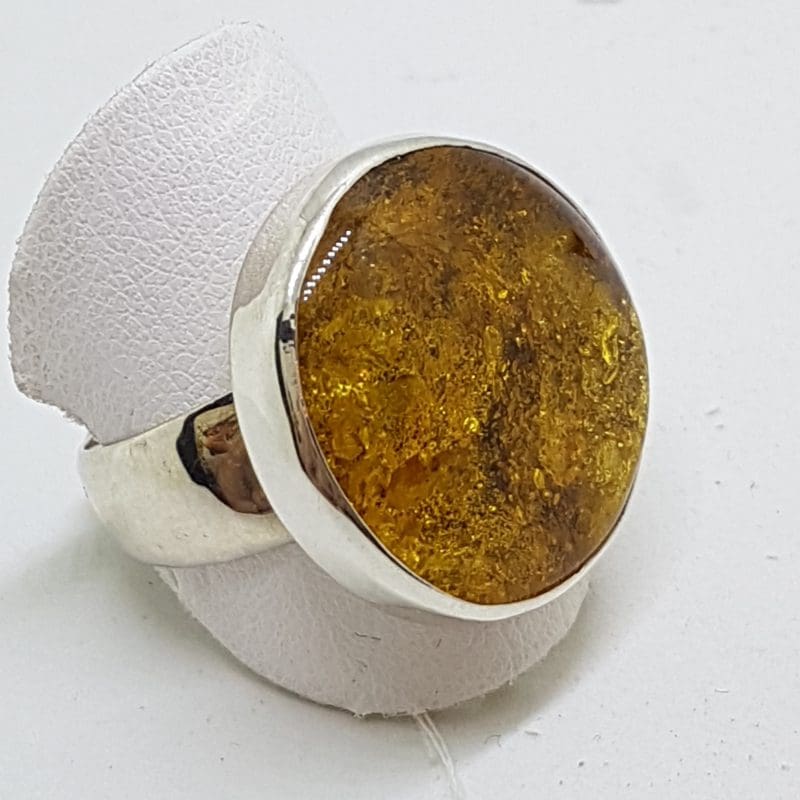 Sterling Silver Round Natural Amber Ring - Wide Band