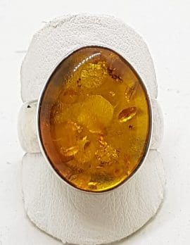 Sterling Silver Oval Natural Amber Ring - Wide Band