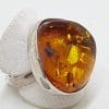 Sterling Silver Large Natural Amber Ring with Open Band