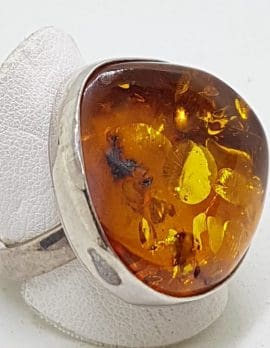 Sterling Silver Large Natural Amber Ring with Open Band