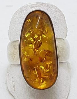 Sterling Silver Long Natural Amber Ring with Wide Band