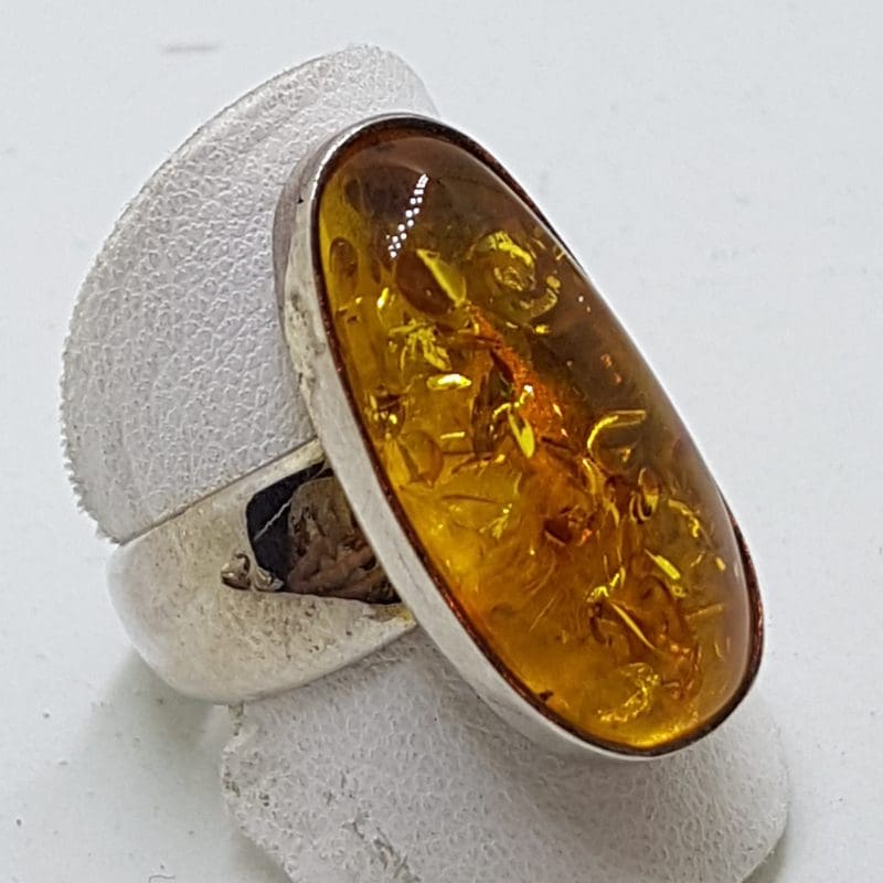 Sterling Silver Long Natural Amber Ring with Wide Band