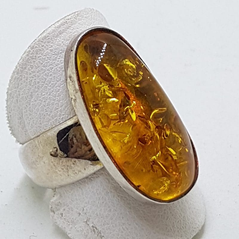 Sterling Silver Long Natural Amber Ring with Wide Band