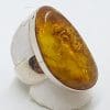 Sterling Silver Long Natural Amber Ring with Wide Band