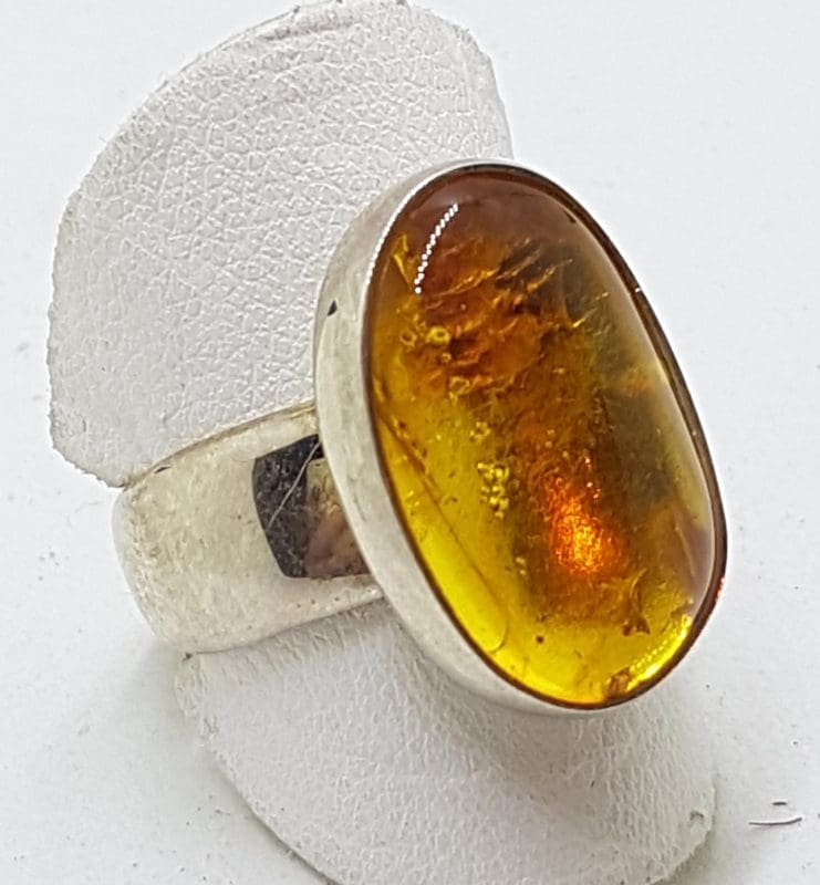 Sterling Silver Oval Natural Amber Ring - Wide Band
