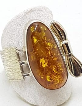 Sterling Silver Natural Amber Ring - Wide with " Bow " Design