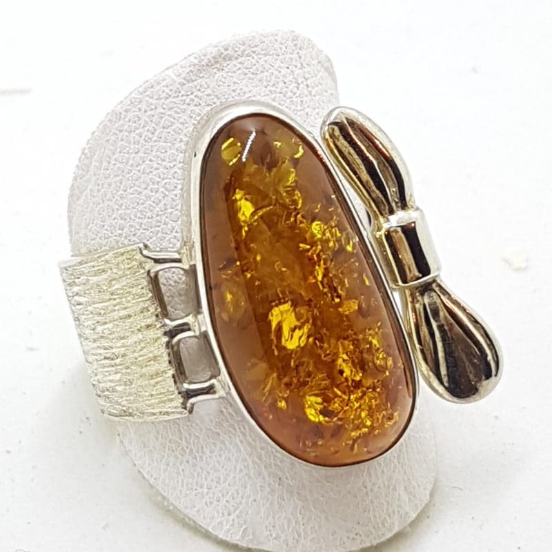 20200417_120410 Sterling Silver Natural Amber Ring - Wide with " Bow " Design