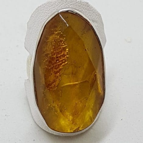 Sterling Silver Large Oval Faceted Natural Amber Ring