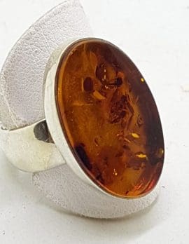 Sterling Silver Large Oval Flat Natural Amber Ring - Wide Band