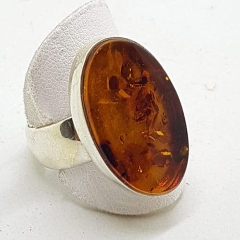 Sterling Silver Large Oval Flat Natural Amber Ring - Wide Band