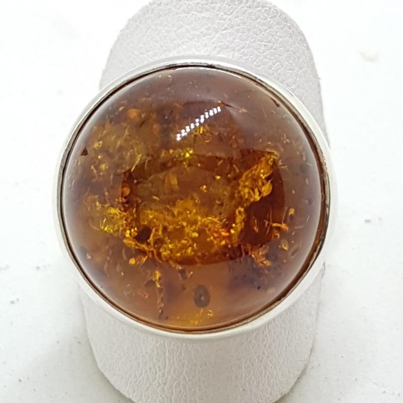 Sterling Silver Large Natural Amber Ring - Round