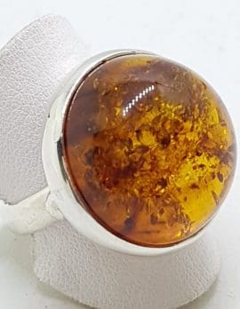 Sterling Silver Large Natural Amber Ring - Round