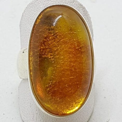Sterling Silver Large Oval Natural Amber Ring