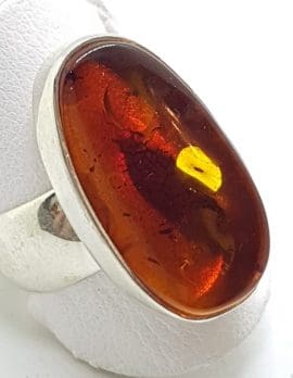 Sterling Silver Large Natural Amber on Wide Band Ring