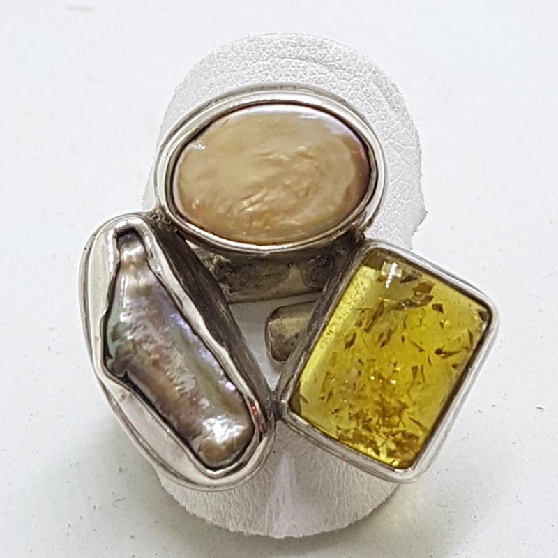 Sterling Silver Natural Amber and Pearl Large Cluster Ring