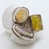 Sterling Silver Natural Amber and Pearl Large Cluster Ring