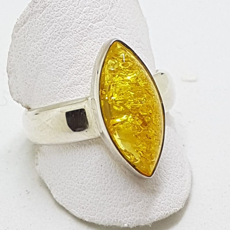 Sterling Silver Natural Butter Amber Ring - Marquis Shape
