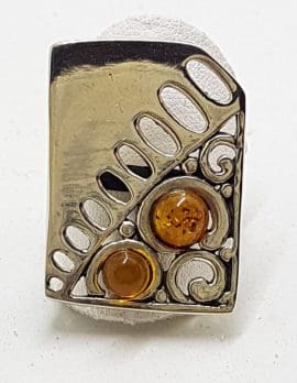 Sterling Silver Large Open Design Amber Ring