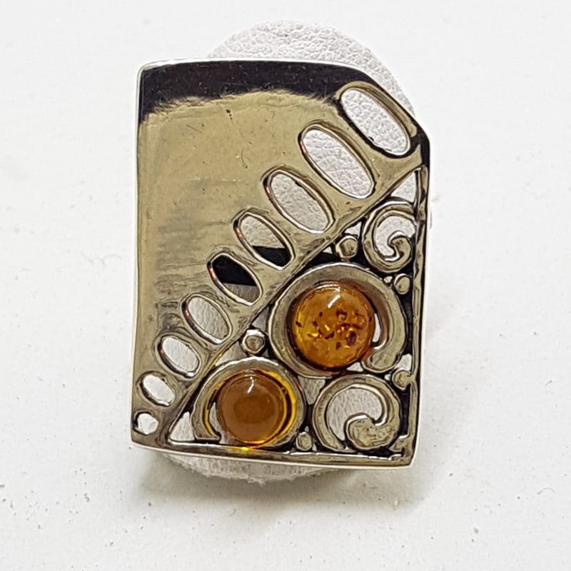 Sterling Silver Large Open Design Amber Ring