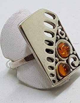 Sterling Silver Large Open Design Amber Ring