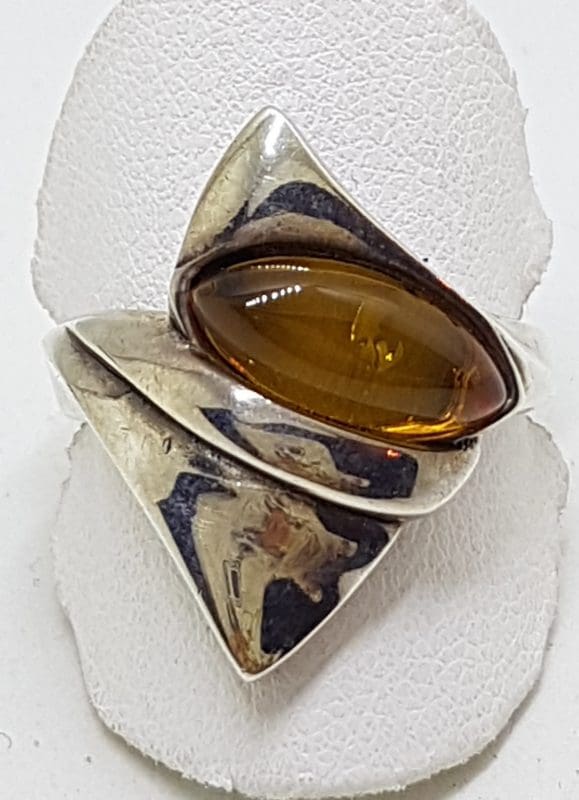 Sterling Silver Unusual Shape Amber Ring