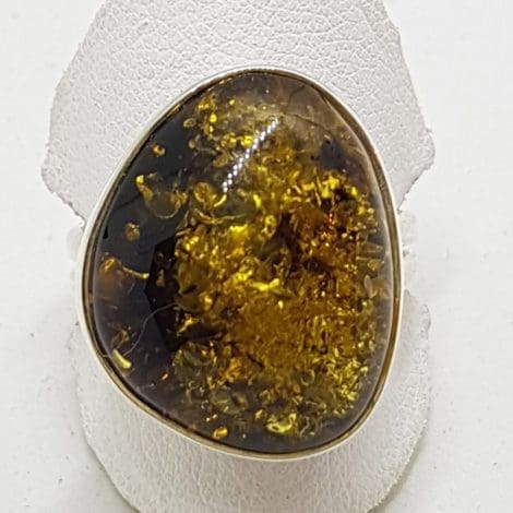 Sterling Silver Large Oval Green Amber Ring - Expandable
