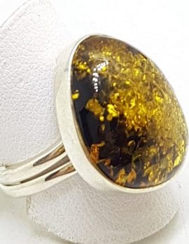 Sterling Silver Large Oval Green Amber Ring - Expandable