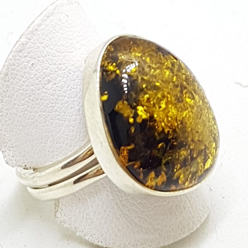 Sterling Silver Large Oval Green Amber Ring - Expandable
