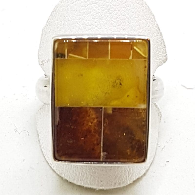 Sterling Silver Multi-colour Natural Amber Rectangular Mosaic Ring