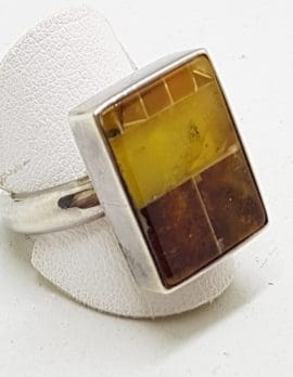 Sterling Silver Multi-colour Natural Amber Rectangular Mosaic Ring