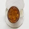 Sterling Silver Oval Amber Ring - Wide Band