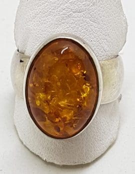 Sterling Silver Oval Amber Ring - Wide Band