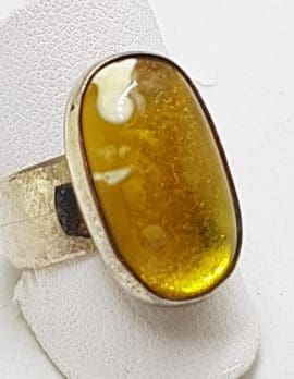 Sterling Silver Oval Butter Amber Ring - Wide Band