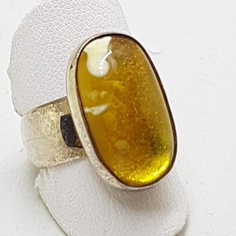 Sterling Silver Oval Butter Amber Ring - Wide Band