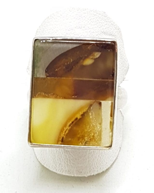 Sterling Silver Multi-colour Natural Amber Rectangular Mosaic Ring