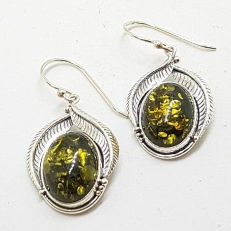 Sterling Silver Ornate Oval Green Amber Earrings - Leaf Motif