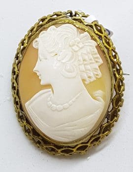 Gold Plated Large Ornate Oval Shell Cameo Brooch