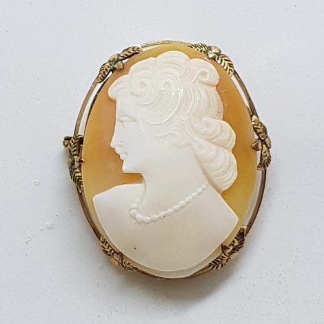 Gold Plated Ornate Oval Shell Cameo Brooch